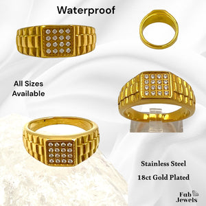 18ct Gold Plated Stainless Steel Waterproof Squarish Stylish Ring with Cz