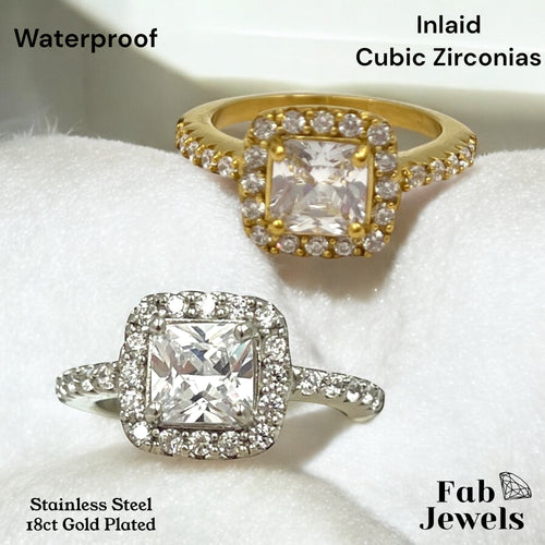 Highest Quality 18ct Gold Plated Stainless Steel WaterProof Princess Cut Halo Ring with Inlaid Cubic Zirconias