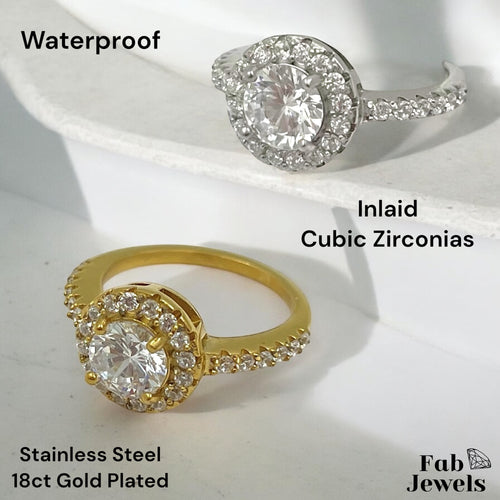 Highest Quality 18ct Gold Plated Stainless Steel WaterProof Halo Ring with Inlaid Cubic Zirconias