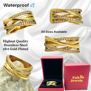 Highest Quality 18ct Gold Plated Stainless Steel WaterProof Crossover Ring with Inlaid Cubic Zirconias