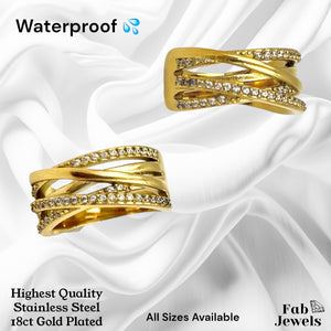 Highest Quality 18ct Gold Plated Stainless Steel WaterProof Crossover Ring with Inlaid Cubic Zirconias