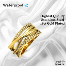 Load image into Gallery viewer, Highest Quality 18ct Gold Plated Stainless Steel WaterProof Crossover Ring with Inlaid Cubic Zirconias