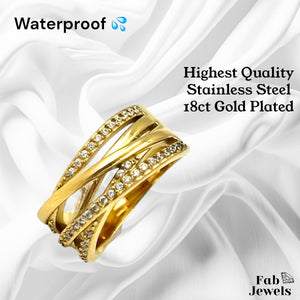 Highest Quality 18ct Gold Plated Stainless Steel WaterProof Crossover Ring with Inlaid Cubic Zirconias