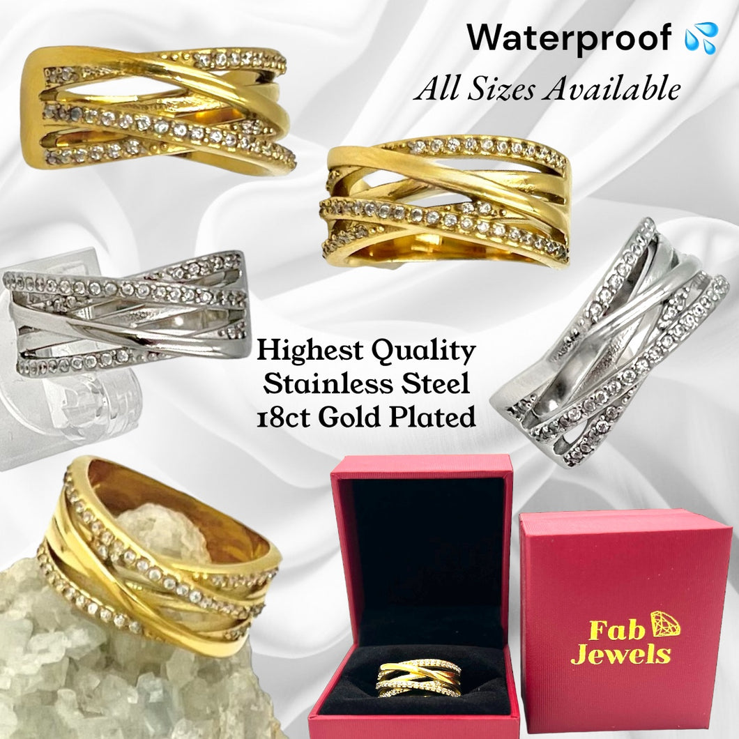 Highest Quality 18ct Gold Plated Stainless Steel WaterProof Crossover Ring with Inlaid Cubic Zirconias