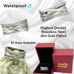 Highest Quality 18ct Gold Plated Stainless Steel WaterProof Crossover Ring with Inlaid Cubic Zirconias