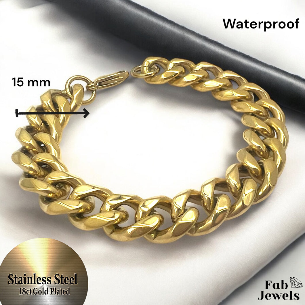 18ct Gold Plated on Stainless Steel Cuban Chain Bracelet 15mm