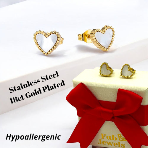 Stainless Steel 316L Yellow Gold Plated Mother of Pearl Stud Heart Earrings