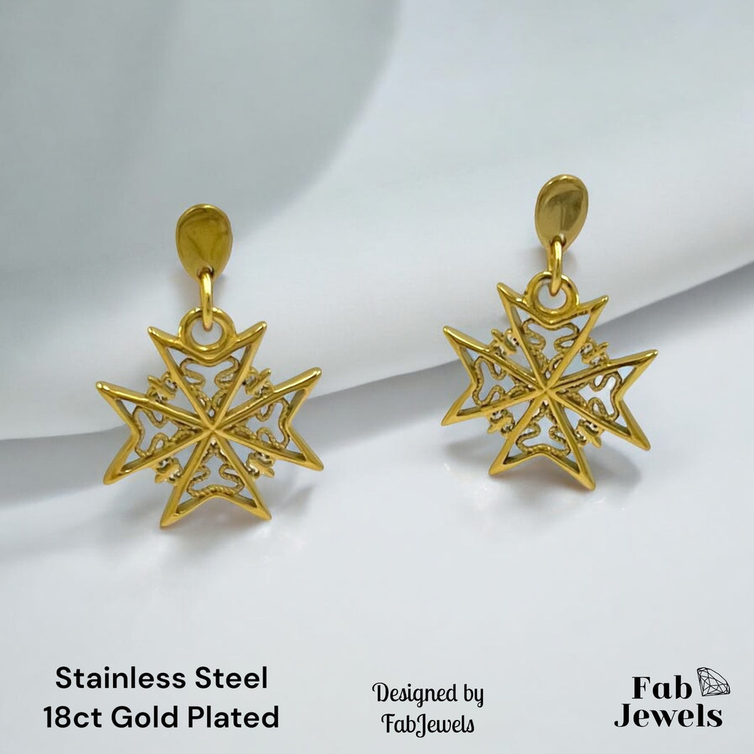 Yellow Gold Plated Maltese Cross Dangling Hypoallergenic Beautiful Earrings