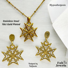 Load image into Gallery viewer, 18ct Gold Plated on Stainless Steel Maltese Cross Beautiful Set Hypoallergenic Earrings Necklace Included