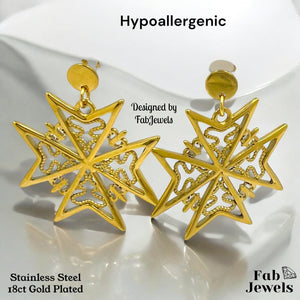 18ct Gold Plated on Stainless Steel Maltese Cross Set Pendant Hypoallergenic Earrings Rolo Chain