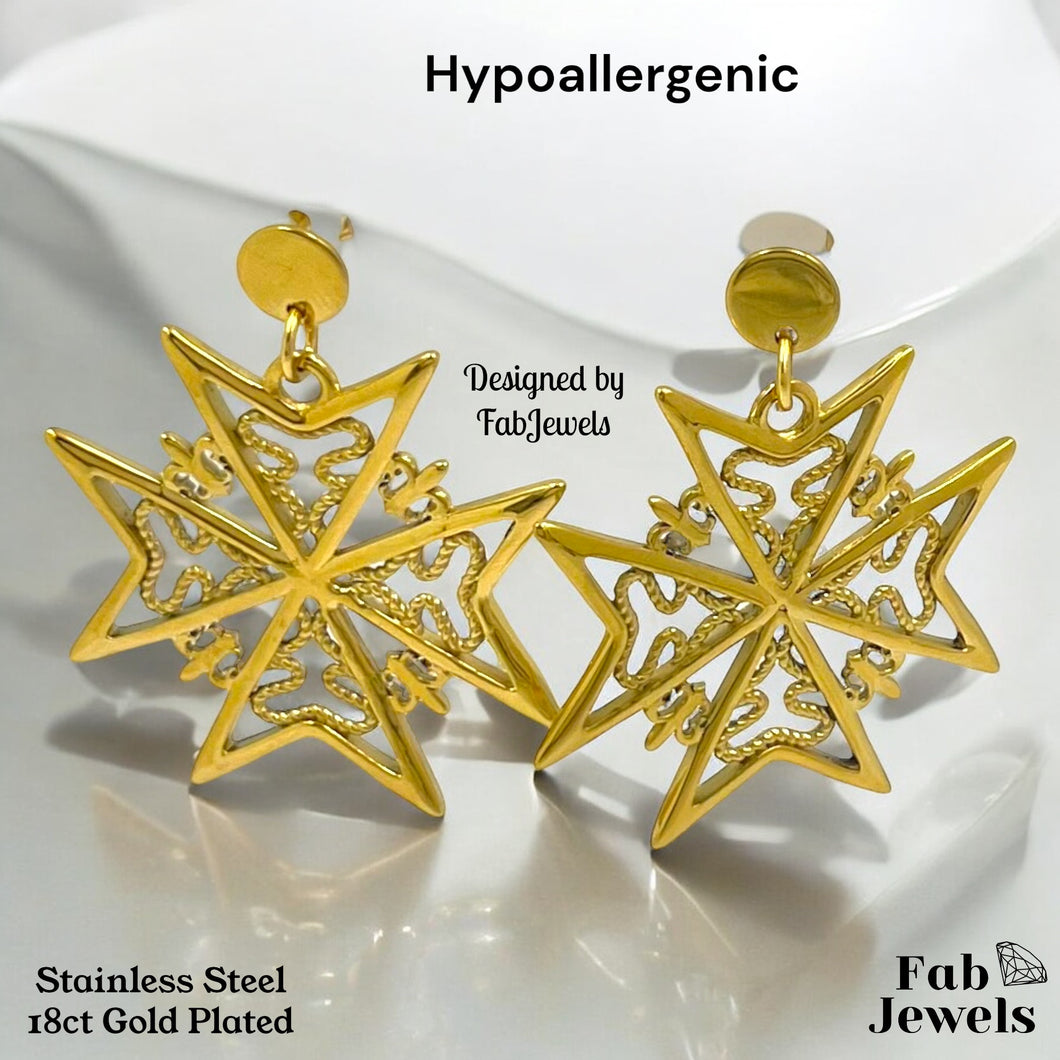 Yellow Gold Plated Maltese Cross Hypoallergenic Large Earrings