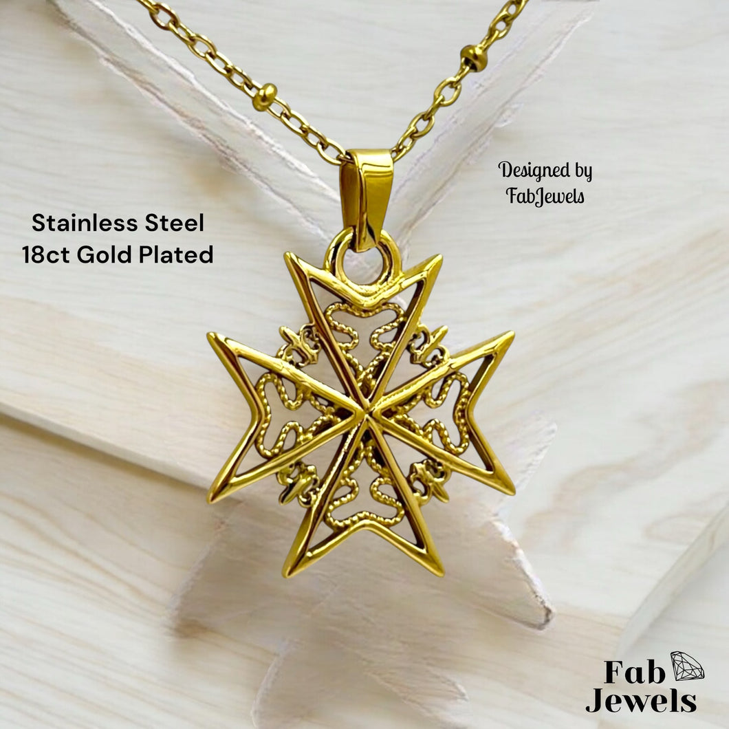 18ct Gold Plated on Stainless Steel Maltese Cross Pendant with Chain Included