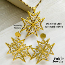 Load image into Gallery viewer, 18ct Gold Plated on Stainless Steel Maltese Cross Set Pendant Hypoallergenic Earrings Rolo Chain