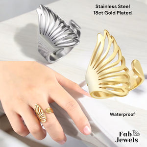 Stainless Steel Angel Wing Ring In Yellow Gold Plated and Silver