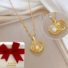 Load image into Gallery viewer, 18ct  Yellow Gold Plated Waterproof Stainless Steel Shell Necklace with Cubic Zirconia and Pearl
