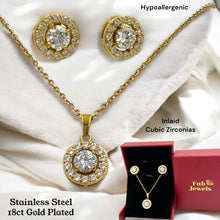 Load image into Gallery viewer, Stainless Steel Yellow Gold Plated Set Necklace and Halo Pendant and Matching Earrings with Inlaid Cubic Zirconia