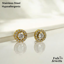 Load image into Gallery viewer, Stainless Steel 18ct Gold plated Hypoallergenic Stud Halo Earrings with Inlaid Cubic Zirconia