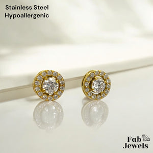 Stainless Steel 18ct Gold plated Hypoallergenic Stud Halo Earrings with Inlaid Cubic Zirconia