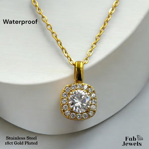 18ct Gold Plated Stainless Steel Necklace with Beautiful Halo Square Pendant with Inlaid Cubic Zirconia