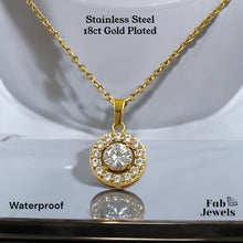 Load image into Gallery viewer, Stainless Steel Yellow Gold Plated Set Necklace and Halo Pendant and Matching Earrings with Inlaid Cubic Zirconia