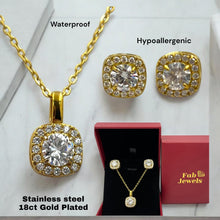 Load image into Gallery viewer, Stainless Steel Yellow Gold Plated Set Necklace and Halo Square Pendant and Matching Earrings with Inlaid Cubic Zirconia