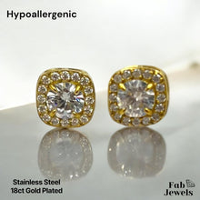 Load image into Gallery viewer, Stainless Steel Yellow Gold Plated Set Necklace and Halo Square Pendant and Matching Earrings with Inlaid Cubic Zirconia