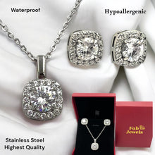 Load image into Gallery viewer, Stainless Steel Yellow Gold Plated Set Necklace and Halo Square Pendant and Matching Earrings with Inlaid Cubic Zirconia