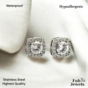 Stainless Steel Hypoallergenic Stud Square Halo Earrings with Inlaid Cubic Zirconia