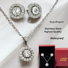 Load image into Gallery viewer, Stainless Steel Yellow Gold Plated Set Necklace and Halo Pendant and Matching Earrings with Inlaid Cubic Zirconia