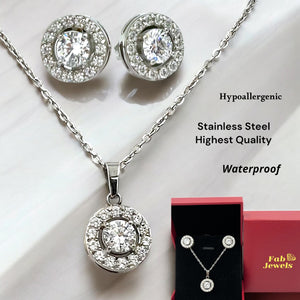 Stainless Steel Yellow Gold Plated Set Necklace and Halo Pendant and Matching Earrings with Inlaid Cubic Zirconia