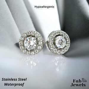 Stainless Steel 18ct Gold plated Hypoallergenic Stud Halo Earrings with Inlaid Cubic Zirconia