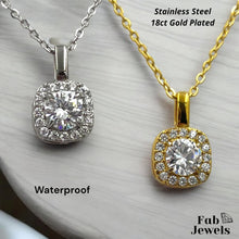 Load image into Gallery viewer, 18ct Gold Plated Stainless Steel Necklace with Beautiful Halo Square Pendant with Inlaid Cubic Zirconia