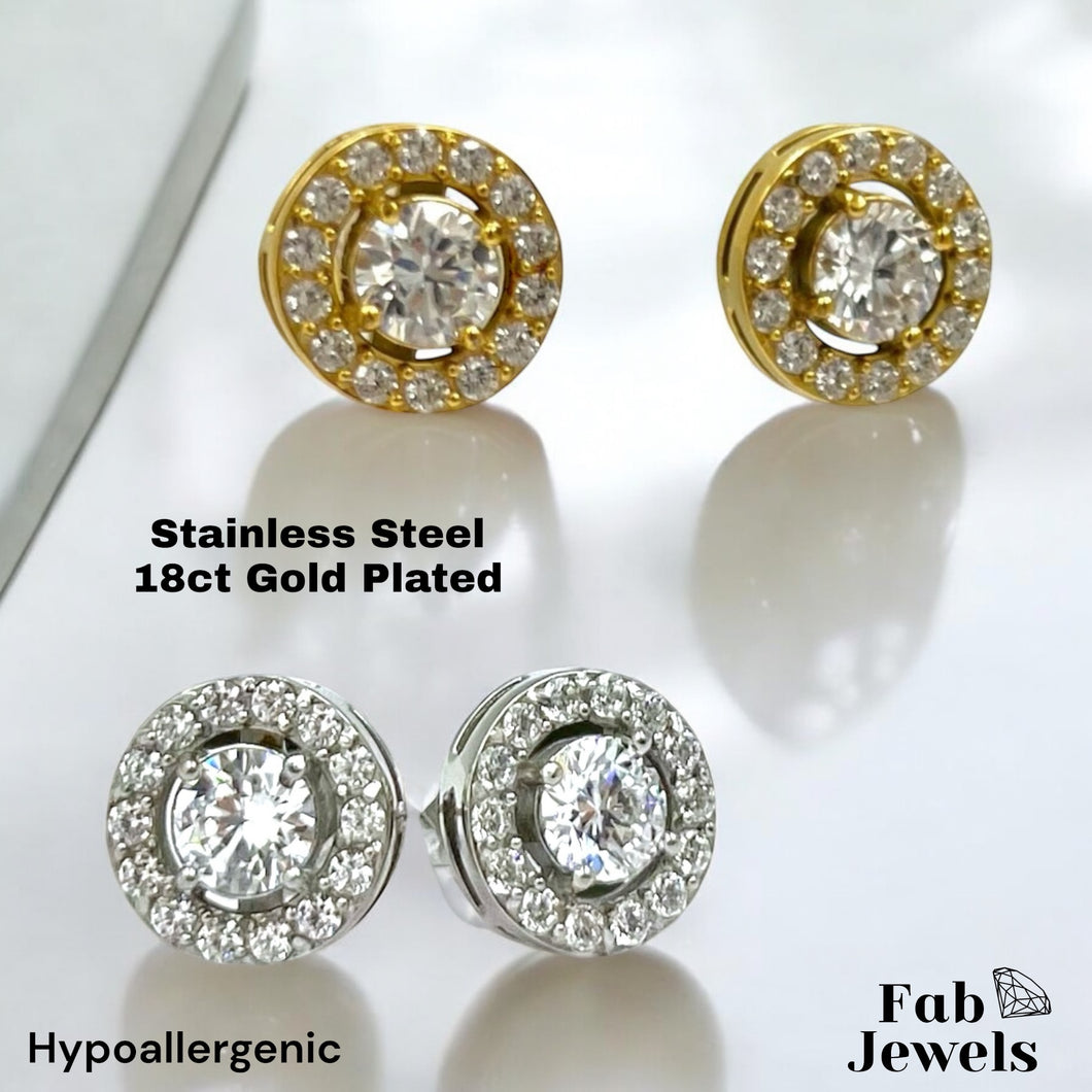 Stainless Steel 18ct Gold plated Hypoallergenic Stud Halo Earrings with Inlaid Cubic Zirconia