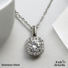 Load image into Gallery viewer, Stainless Steel Yellow Gold Plated Set Necklace and Halo Square Pendant and Matching Earrings with Inlaid Cubic Zirconia