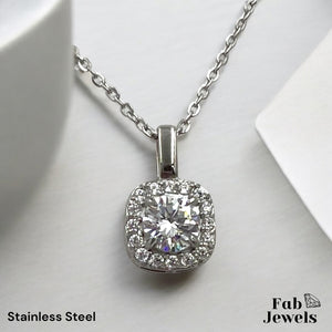 Stainless Steel Yellow Gold Plated Set Necklace and Halo Square Pendant and Matching Earrings with Inlaid Cubic Zirconia