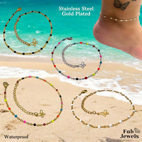 Gold Plated Stainless Steel Anklet Multi Colour Beaded Ankle Chain Waterproof