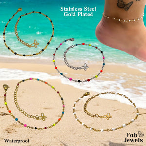 Gold Plated Stainless Steel Anklet Multi Colour Beaded Ankle Chain Waterproof