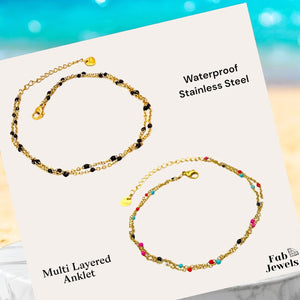 Gold Plated Stainless Steel Waterproof Multi Coloured Ball Chain Anklet