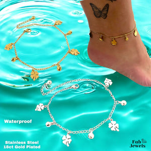 Yellow Gold Plated Stainless Steel Clover Charm Anklet Waterproof