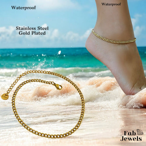 Stainless Steel 316L Curb Chain Anklet Yellow Gold Waterproof