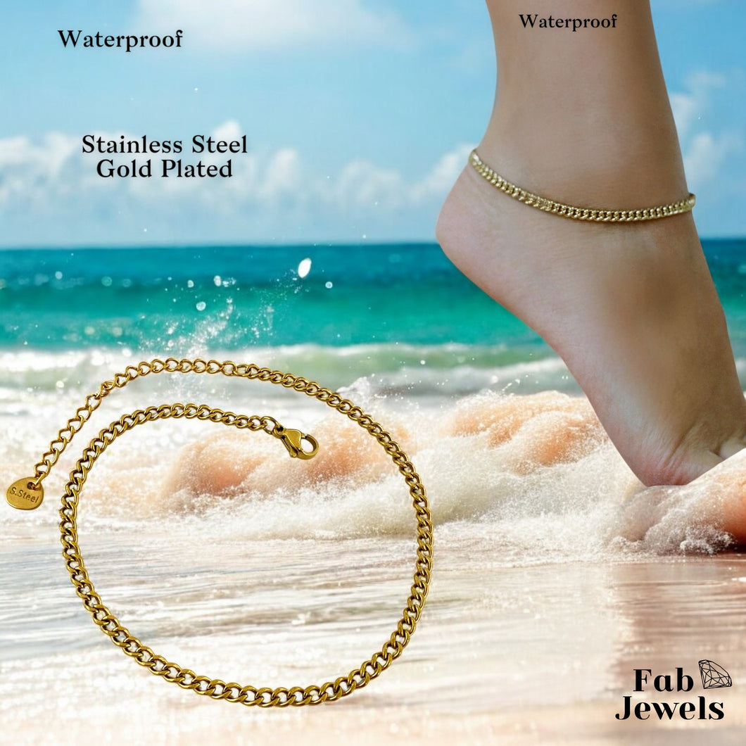 Stainless Steel 316L Curb Chain Anklet Yellow Gold Waterproof
