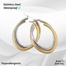 Load image into Gallery viewer, Stainless Steel Gold Plated Hypoallergenic 2 Tone Oval  Hoop Loop Earrings