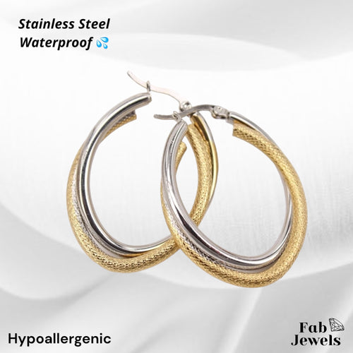 Stainless Steel Gold Plated Hypoallergenic 2 Tone Oval  Hoop Loop Earrings