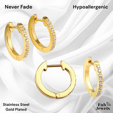 Load image into Gallery viewer, Hypoallergenic Yellow Gold Plated Hoop Earrings with Inlaid Cubic Zirconias