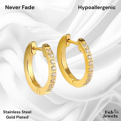Hypoallergenic Yellow Gold Plated Hoop Earrings with Inlaid Cubic Zirconias