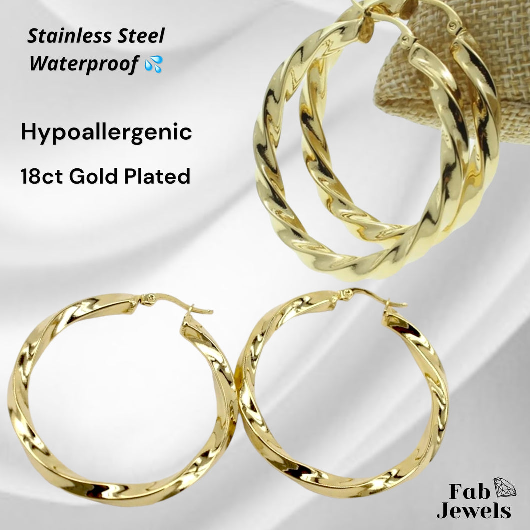 Stainless Steel 18ct Gold Plated Hypoallergenic Thick Hoop Earrings