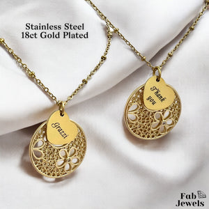 18ct Gold Plated on Stainless Steel Grazzi Thank You Pendant with Flower Background Necklace Included