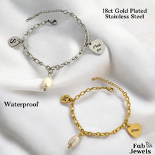Load image into Gallery viewer, 18ct Gold Plated Stainless Steel Thank you / Grazzi Personalised Initial Charm Bracelet with FreshWater Peart