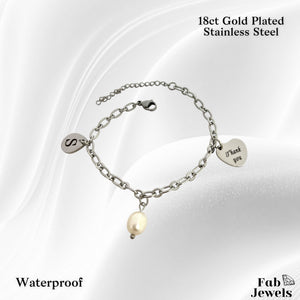 18ct Gold Plated Stainless Steel Thank you / Grazzi Personalised Initial Charm Bracelet with FreshWater Peart