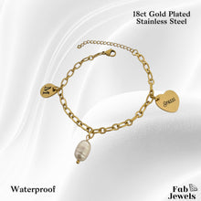 Load image into Gallery viewer, 18ct Gold Plated Stainless Steel Thank you / Grazzi Personalised Initial Charm Bracelet with FreshWater Peart